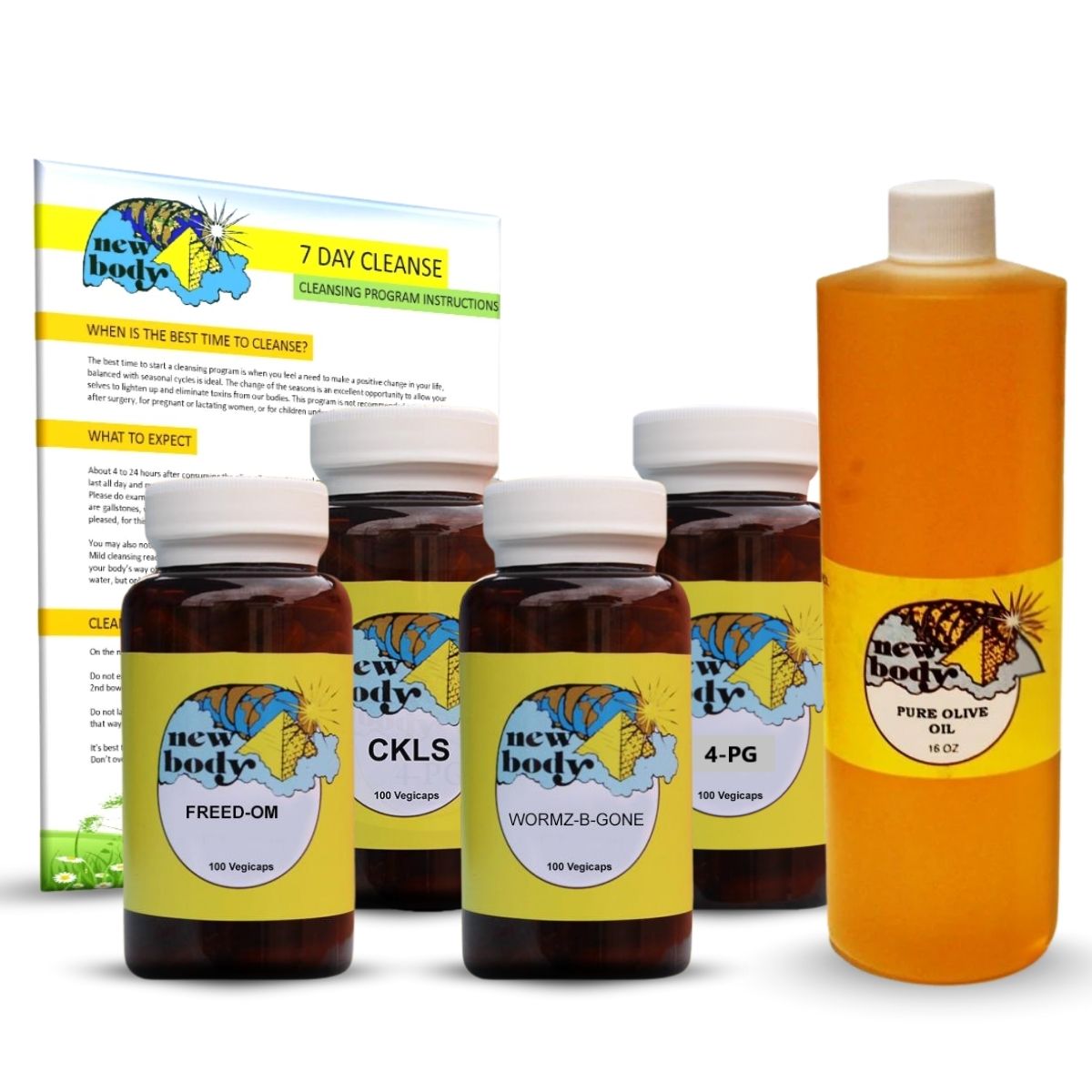 7 Day Cleanse Kit – CKLS, FREED-OM, WORMZ-B-GONE, 4-PG & Olive Oil, 100 Vegicaps, No Fillers or Additives