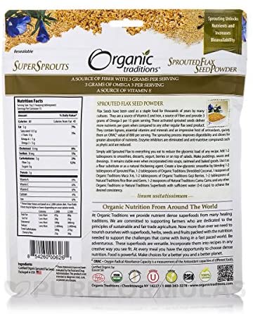 Organic Traditions Sprouted Flax Seed Powder 8 Ounce (227 Grams) Pkg
