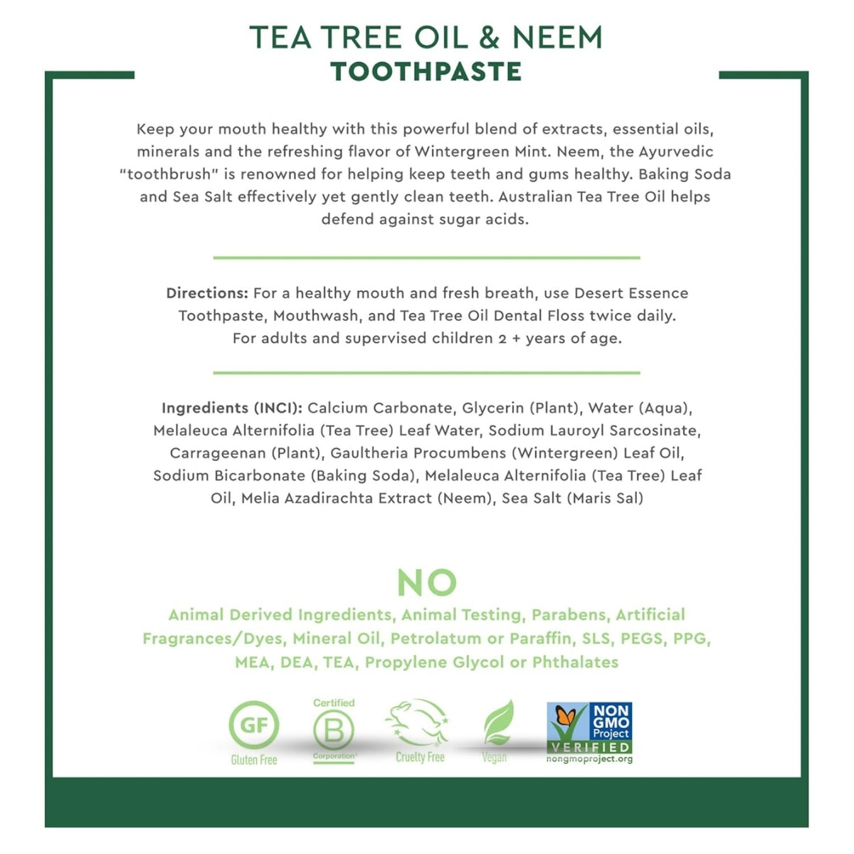Tea Tree Oil & Neem Wintergreen Toothpaste – 6.25 oz, Natural Oral Care, Baking Soda, Essential Oils