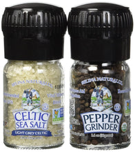 Load image into Gallery viewer, Celtic Sea Salt Organic Peppercorn and Light Grey Celtic Sea Salt Mini Grinders, 2.9 Ounces – Reusable, Refillable Glass Grinders with Additive-Free, Delicious Sea Salt and Peppercorn
