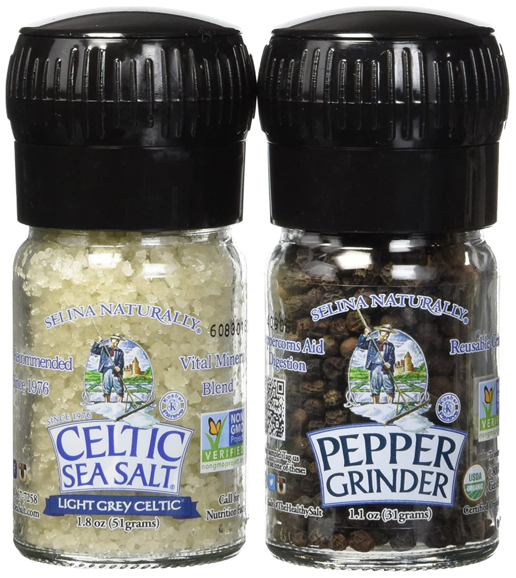 Celtic Sea Salt Organic Peppercorn and Light Grey Celtic Sea Salt Mini Grinders, 2.9 Ounces – Reusable, Refillable Glass Grinders with Additive-Free, Delicious Sea Salt and Peppercorn
