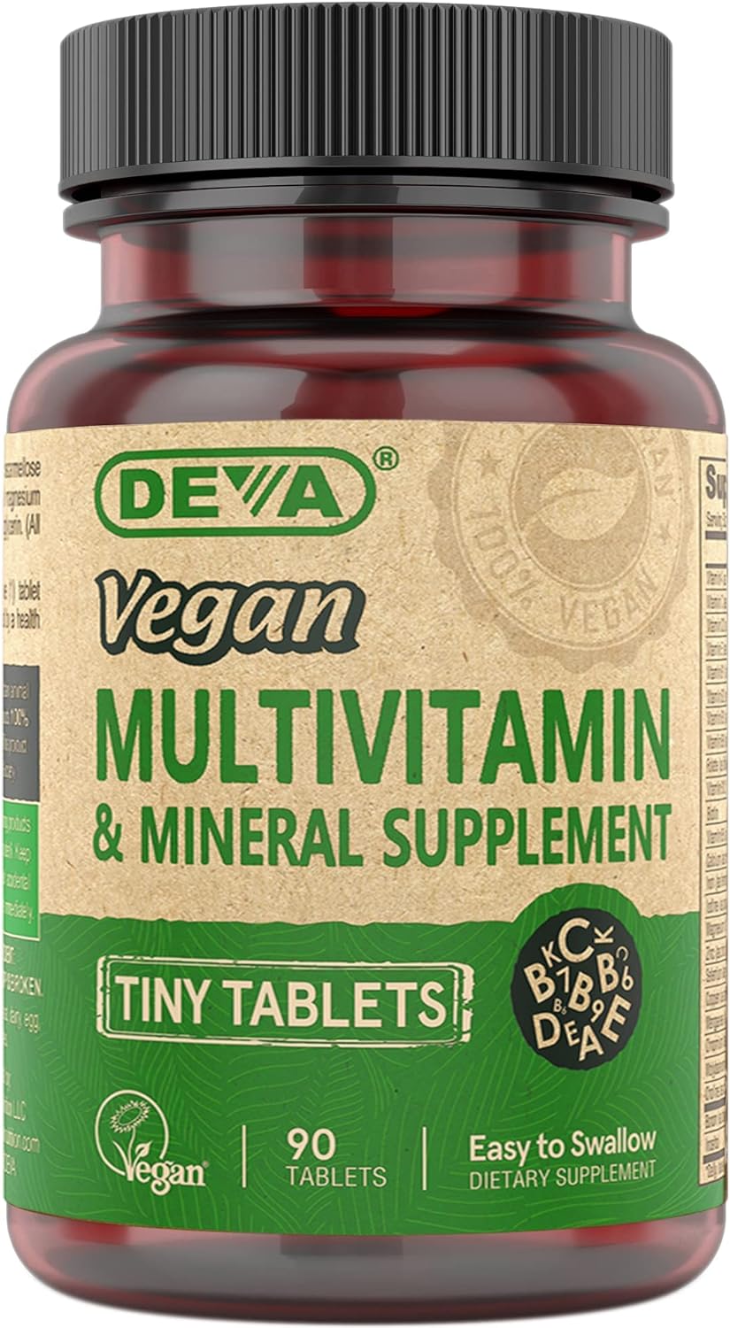 DEVA Tiny Tablets Vegan Multivitamins for Women & Men, Multivitamin with Iron, Mineral Supplement, Vitamin C, Vitamin B Complex, Vitamin B12, Vitamin E, Zinc, Gluten Free, 90 Tablets