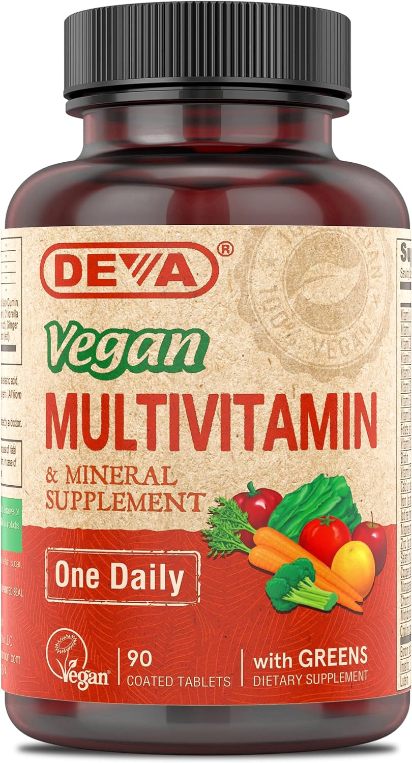 DEVA Vegan Multivitamin and Mineral Supplement - Once-Per-Day Formula with Greens - Vitamins A, C, D, E, B Complex, High-Potency Formulation for Daily Health and Wellness- 90 Coated Tablets