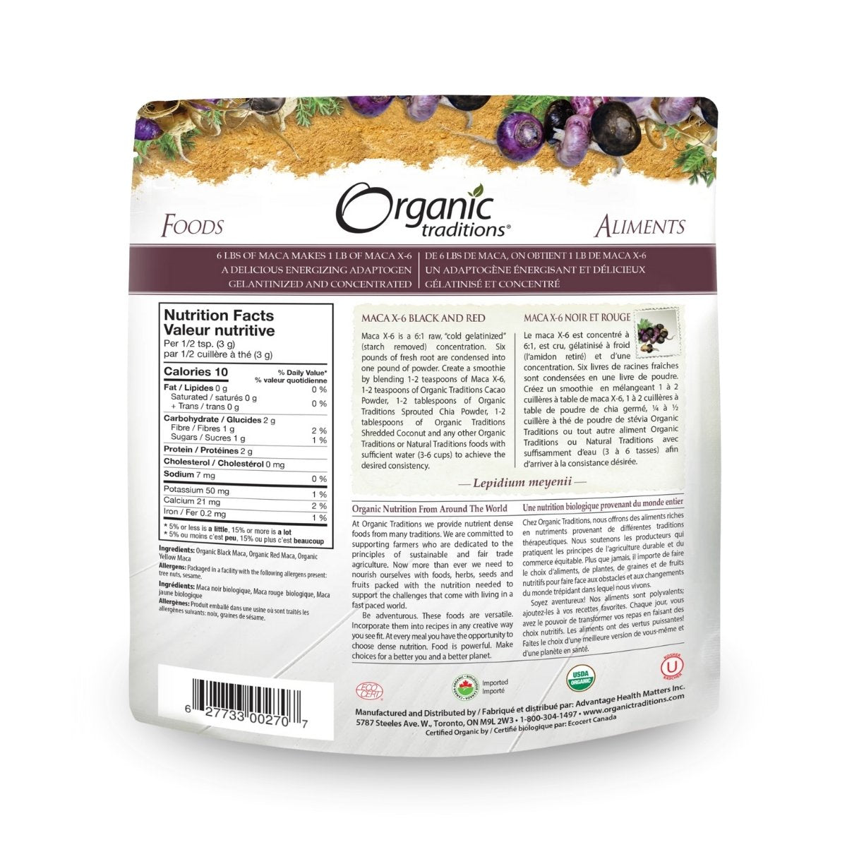 Maca X-6 Powder – 6:1 Organic, Raw Black & Red-Purple, 5.3 oz, Energy & Hormonal Balance
