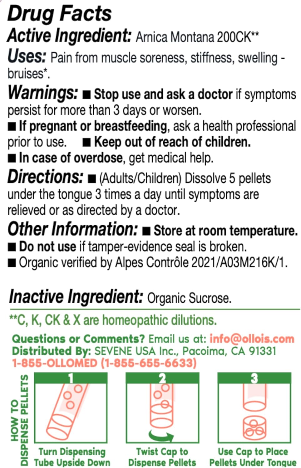 OLLOIS Vegan Arnica Montana 200CK Organic Lactose-Free Homeopathic Medicine, 80 Pellets Size:80 Count (Pack of 1)