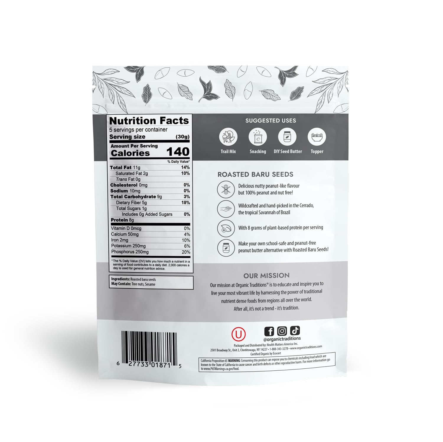 Natural Traditions Roasted Baru Seeds, Baru Nuts - 5.3oz Resealable Bag - 100% Nut Free