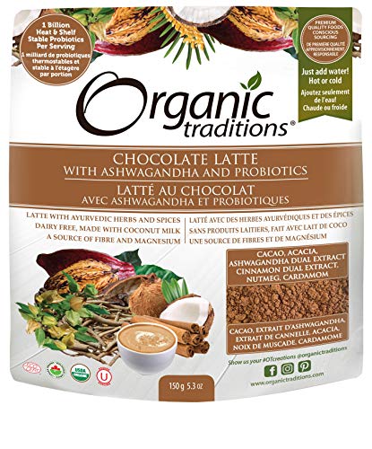 Organic Traditions Chocolate Latte with Ashwagandha and Probiotics Organic 5.3oz (150 GR)