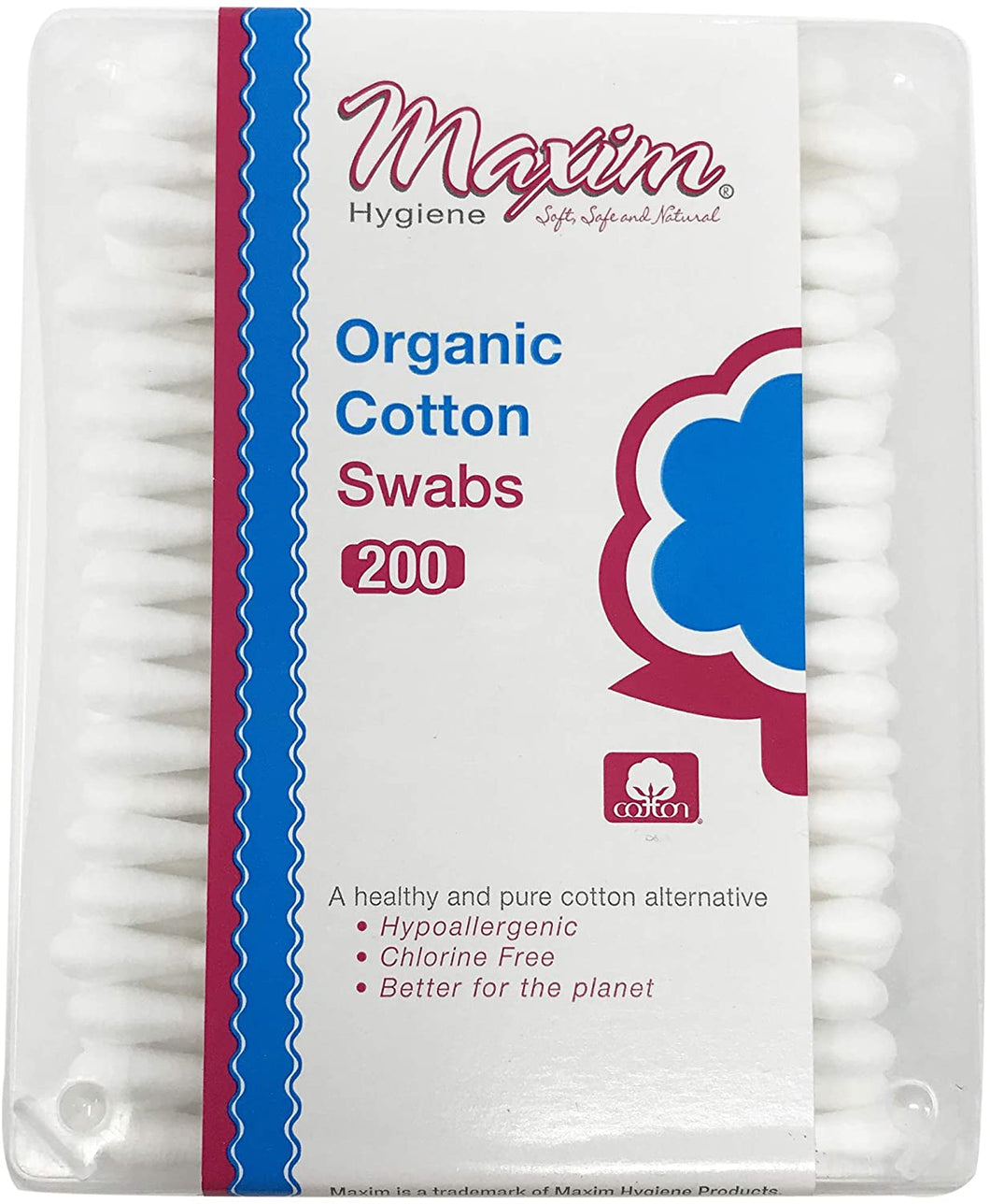 Maxim Organic Cotton Swabs, 200ct, Double Padded with Cardboard Stick, Ear Swabs Cotton Buds, 1 Pack of 200