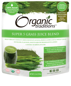 Organic Traditions Super 5 Grass Juice Blend 5.3oz - organic: alfalfa, barley, kamut, oat and wheat grass juice powder