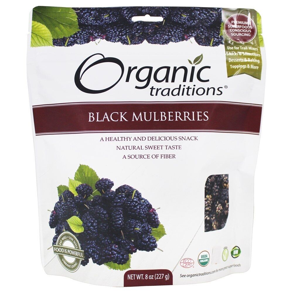 Organic Traditions Black Mulberries 8oz 227g No fillers, flavours, additives, preservatives, dyes, sulfites or added sweeteners.