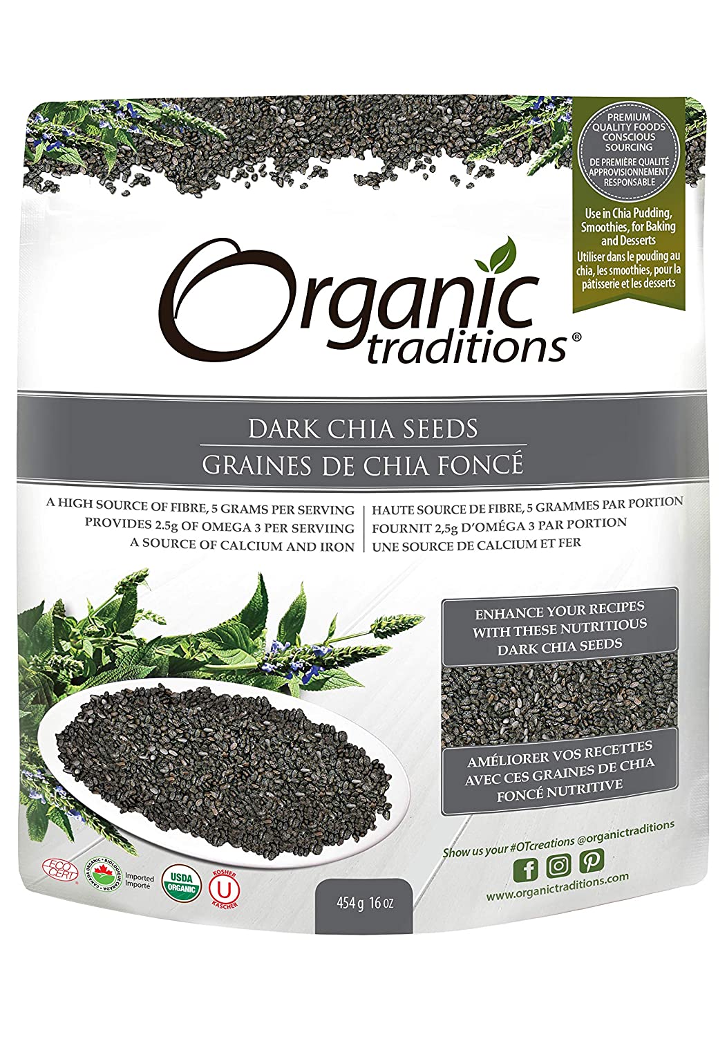 Organic Traditions Dark Chia Seeds 16 Ounce (454 grams) Pkg
