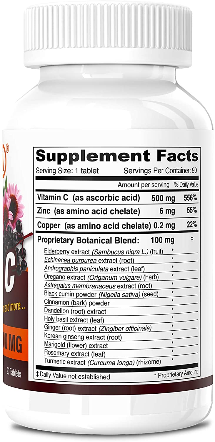 DEVA Vegan Vitamin C, 500 MG with Elderberry, Echinacea, Zinc & More, Vegan & No Animal Ingredients, 90 Tablets