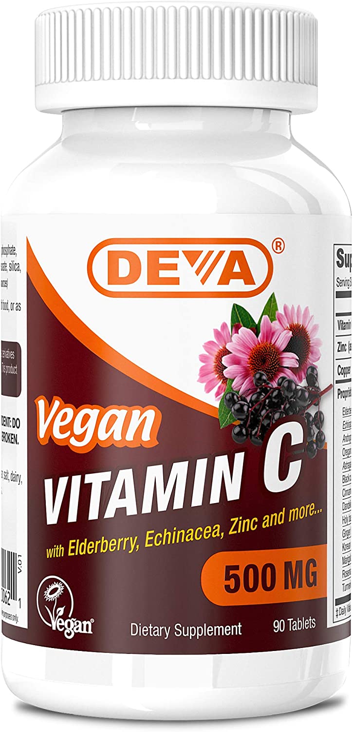 DEVA Vegan Vitamin C, 500 MG with Elderberry, Echinacea, Zinc & More, Vegan & No Animal Ingredients, 90 Tablets