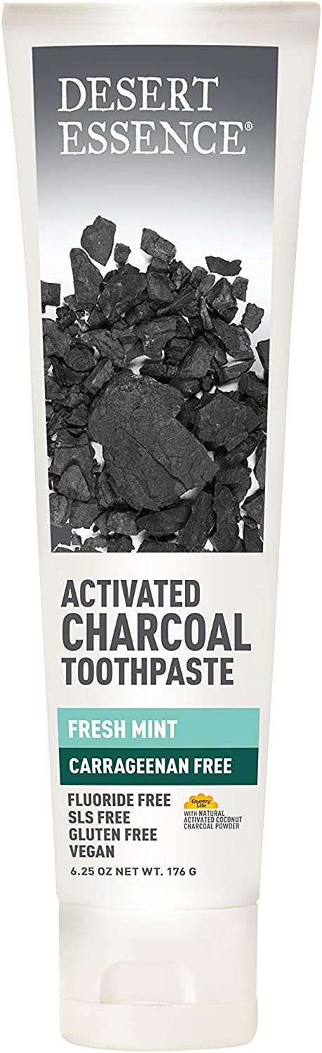 Desert Essence Activated Charcoal Toothpaste - Fresh Mint - 6.25 Ounce - CONTAINS NO - Carrageenan - Fluoride - SLS - Gluten and is Vegan