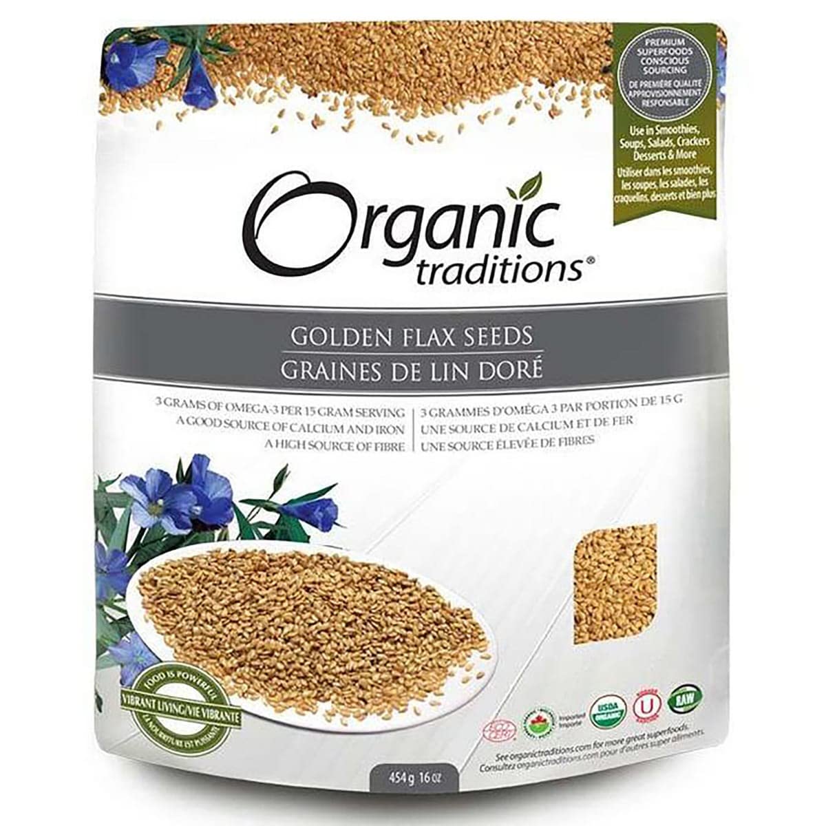 Organic Traditions Golden Flax Seeds 16 oz (454) Resealable Package