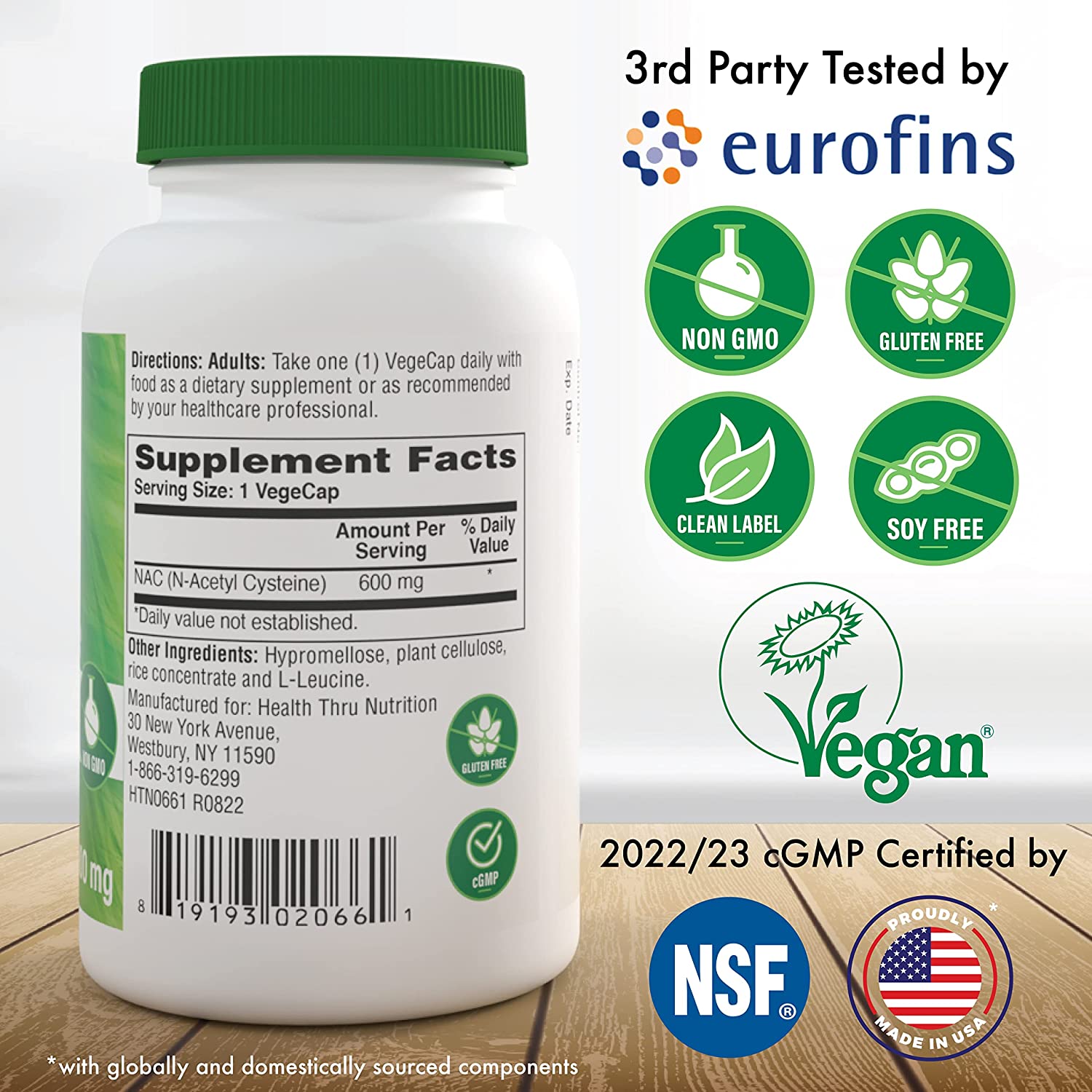 Health Thru Nutrition NAC N-Acetyl-Cysteine 600mg 60 tabs Vegan Certified The Purest NAC Supplement Supports Healthy Lung, Liver Functions & Cellular Health | Non-GMO Soy & Gluten Free