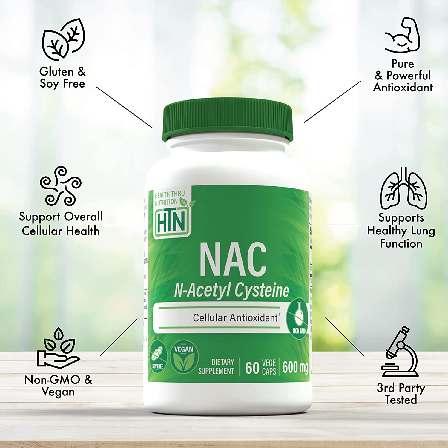 Health Thru Nutrition NAC N-Acetyl-Cysteine 600mg 60 tabs Vegan Certified The Purest NAC Supplement Supports Healthy Lung, Liver Functions & Cellular Health | Non-GMO Soy & Gluten Free