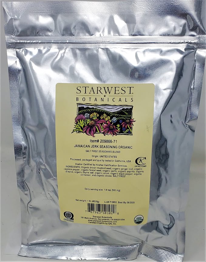 Starwest Botanicals Organic Jamaican Jerk Seasoning 1lb(453.6g), Salt Free, Certified Kosher