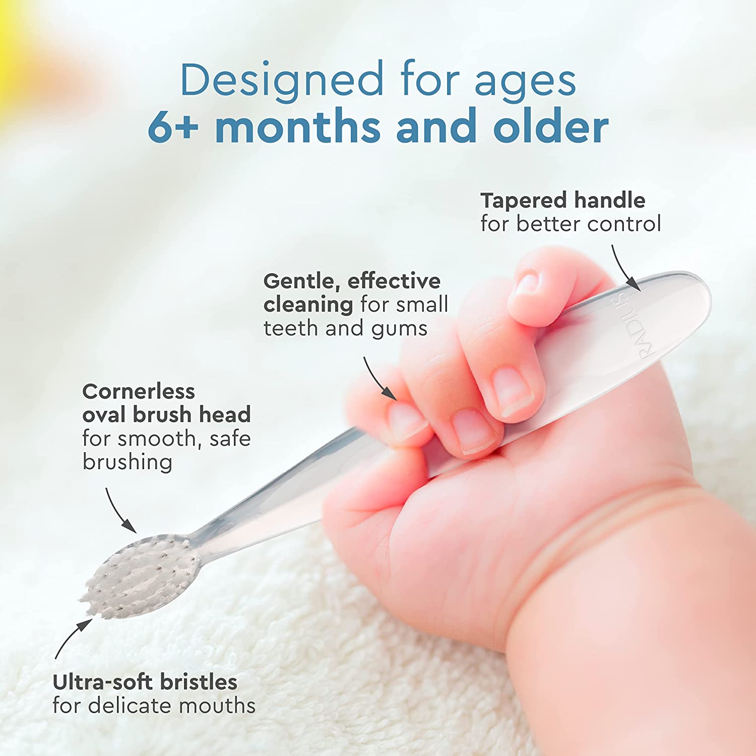 RADIUS Children's Toothbrush Pure Brush Ultra Soft BPA Free ADA Accepted Designed for Delicate Teeth for Kids 6-18 Months, Colors May Vary