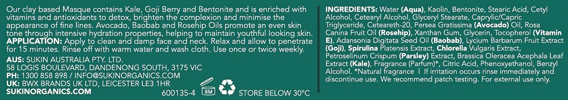 Sukin Super Greens Detoxifying Facial Masque, 3.38 Oz