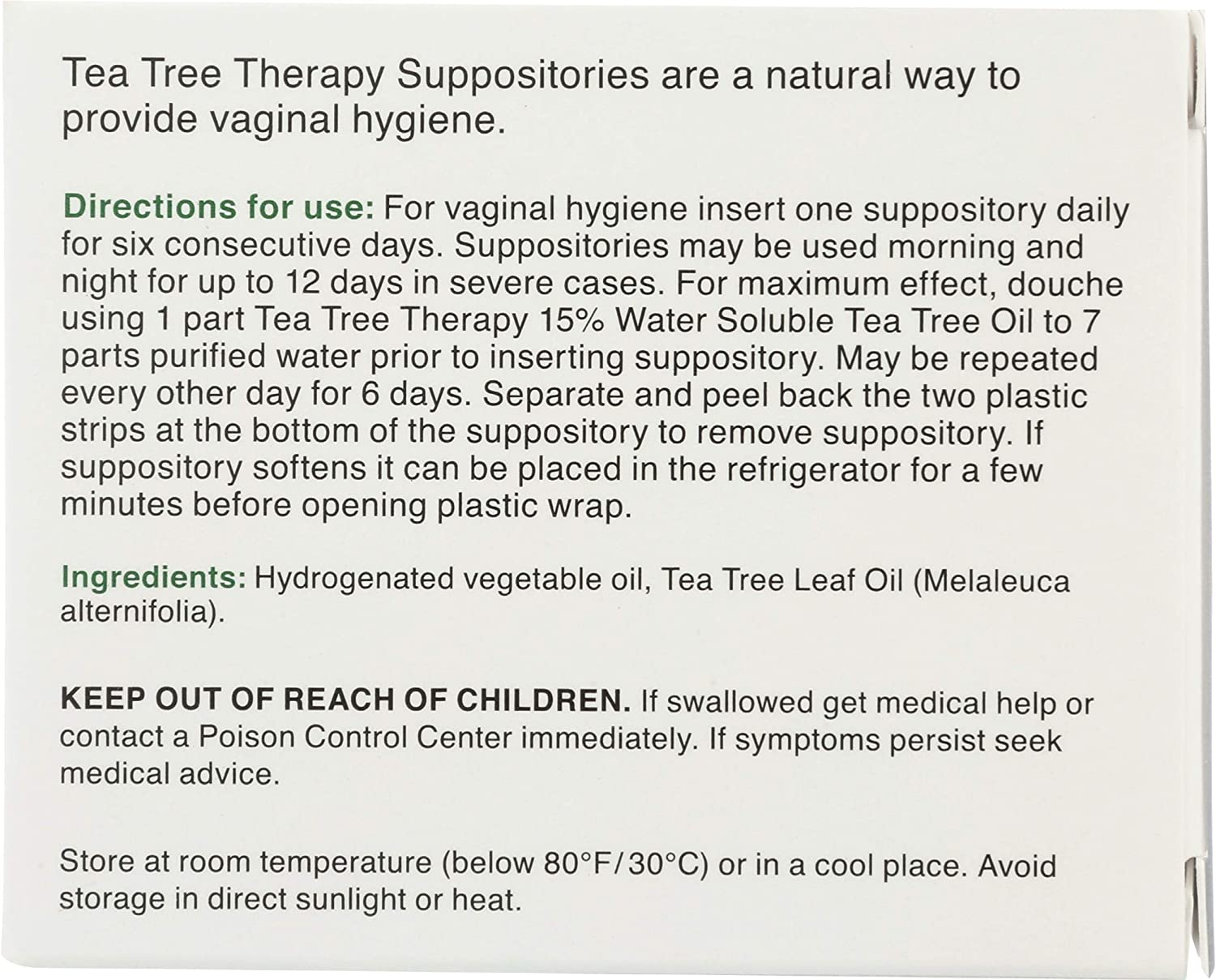 Tea Tree Therapy Vaginal Suppositories with Tea Tree Oil, 6 Count, White